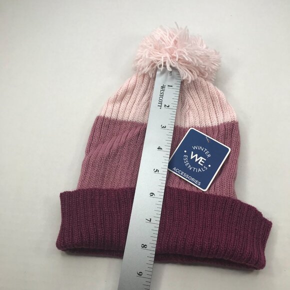 Winter Essentials Women's One Size Burgundy Stripes Knit Beanie Hat With Pom New - Picture 10 of 11